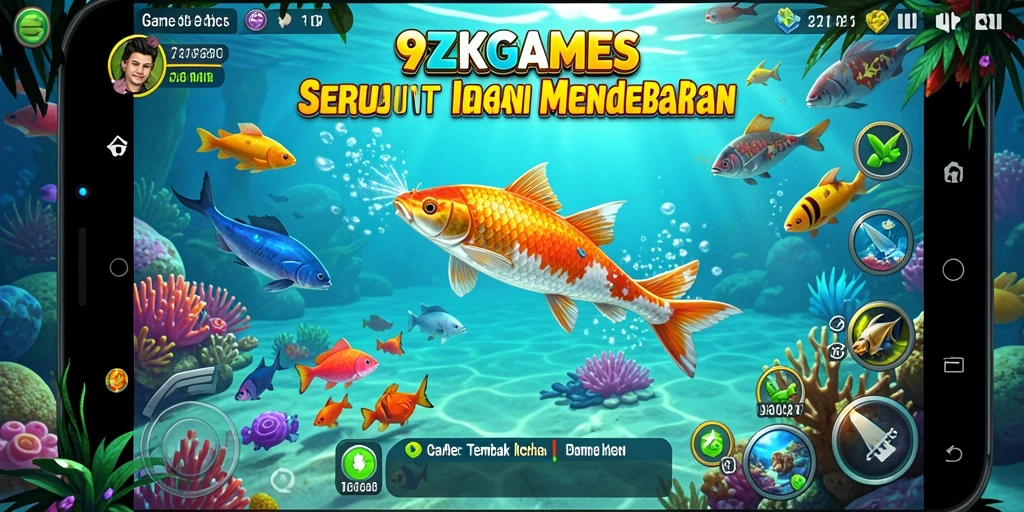 Tampilan gameplay seru dalam 9ZKGAMES menunjukkan aksi menangkap ikan.