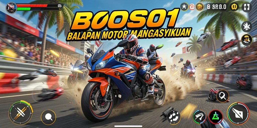 Tampilan menarik dari gameplay balap sepeda motor di BOS01.