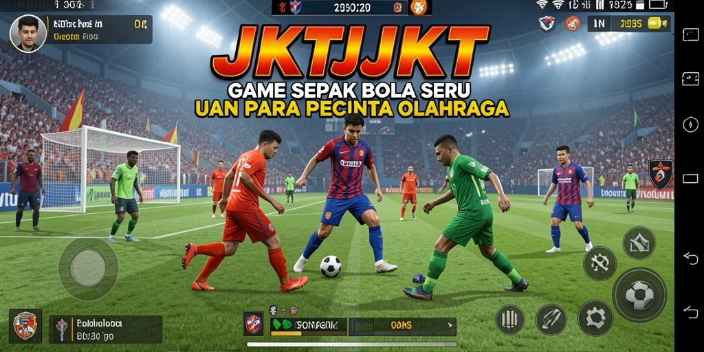 Screenshot gameplay JKTJKT yang menampilkan aksi dramatis di lapangan sepak bola.