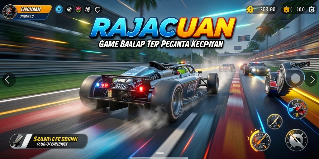Gameplay seru di RAJACUAN dengan kendaraan balap yang cepat.