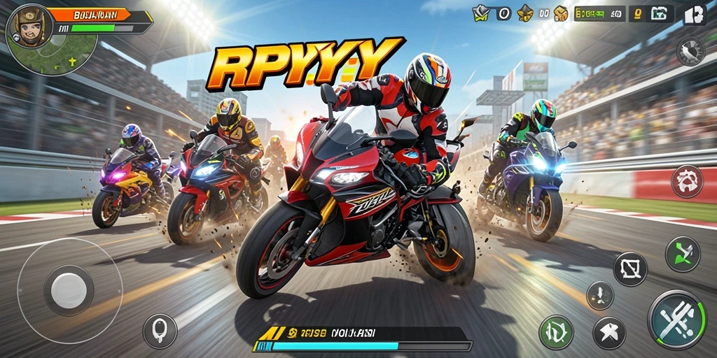 Tangkapan layar utama RPYYY menampilkan aksi balapan motor yang mendebarkan.