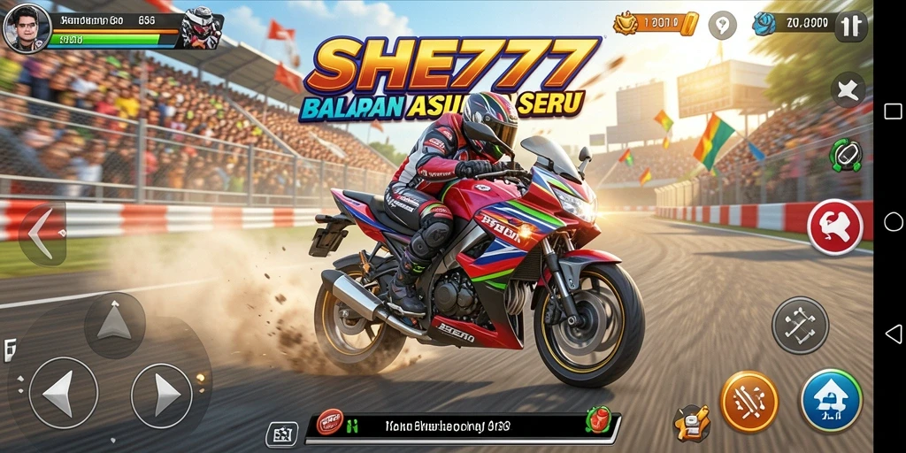 Screenshot menunjukkan momen balapan seru di SHE777 dengan detail motor yang menawan.