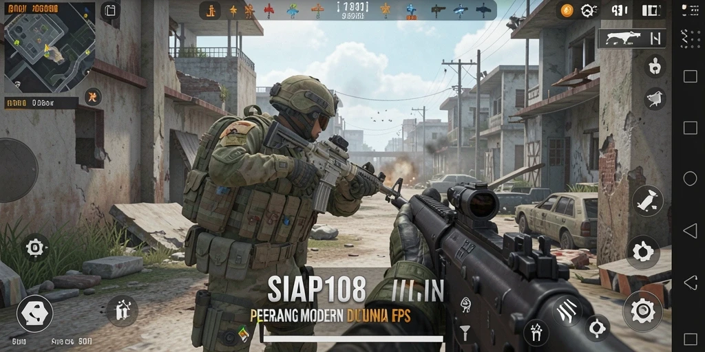 Screenshot gameplay <strong>SIAP108</strong> memperlihatkan aksi tembak-menembak intens di medan perang.