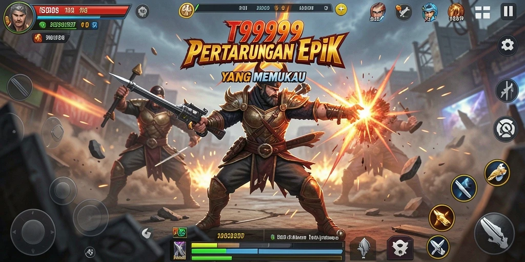 Tangkapan layar T9999 menunjukkan karakter bertarung dengan efek visual menawan.